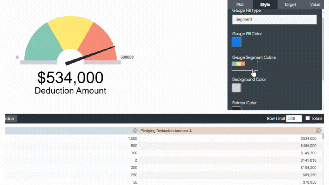 Customize the Gauge Segment Colors in the style menu of a radial gauge visualization.gif