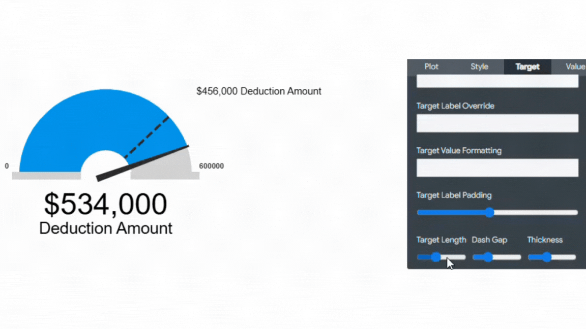 Change the Target Length, Dash Gap, and Thickness in the target menu of a radial gauge visualization.gif