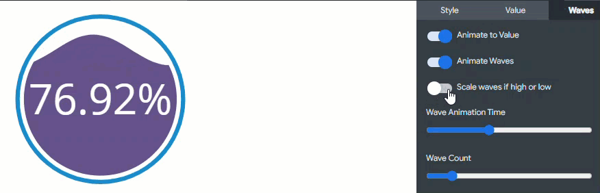 scale waves high or low in waves menu of a liquid fill gauge visualization123.gif