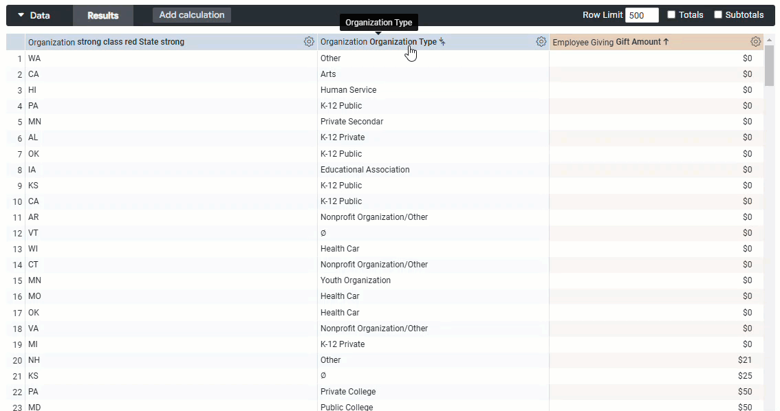 Sort data fields in the data table of an Explore1.gif