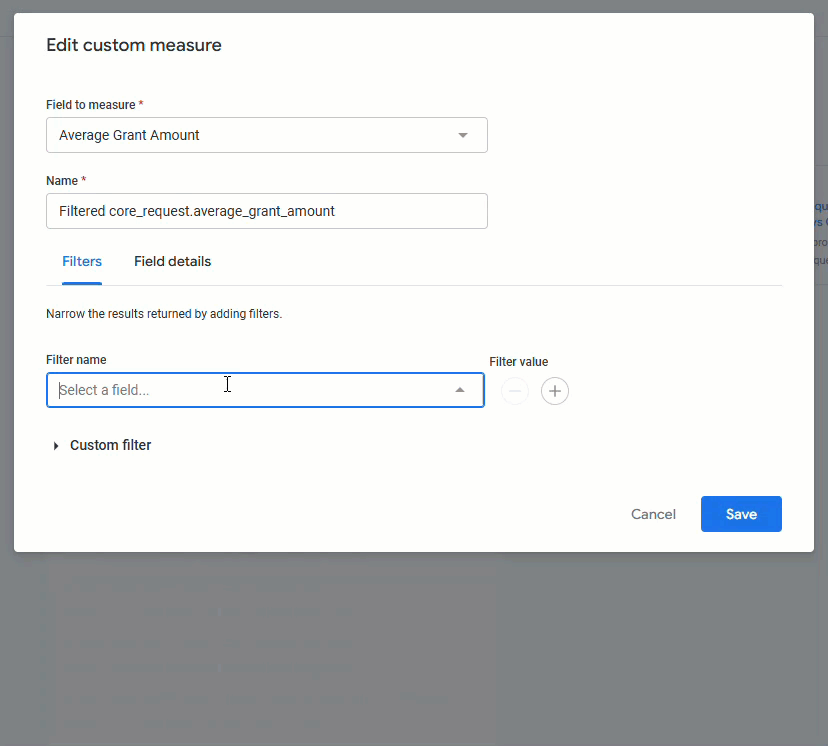 select a filter name in edit custom measure in an explore.gif