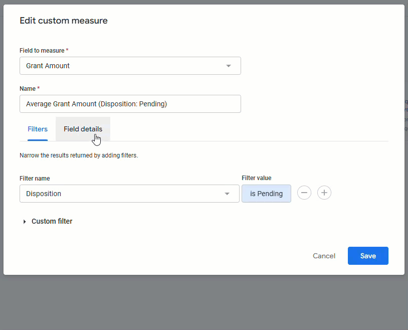 update field details in the edit custom measure modal of an insights explore.gif