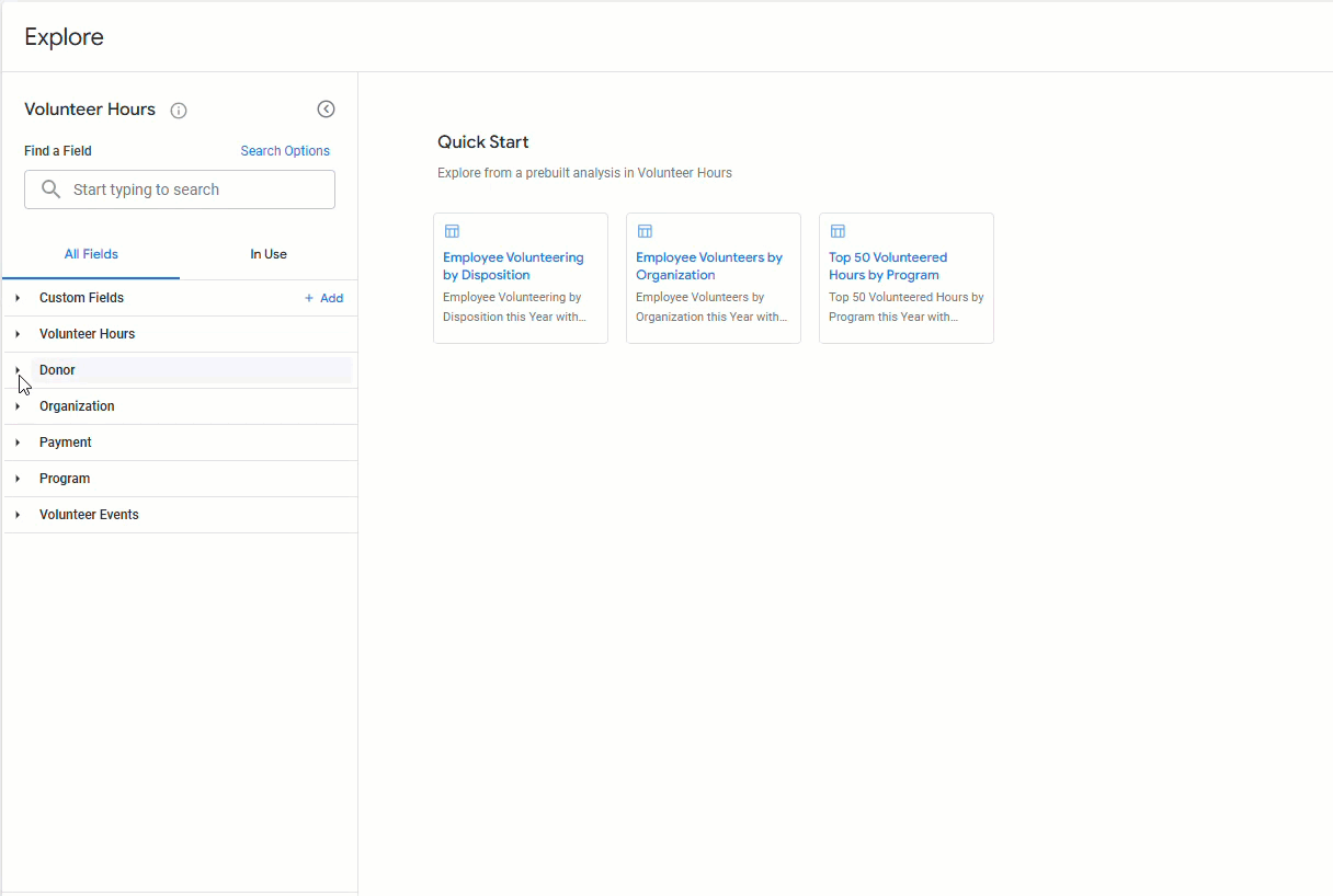 Select donor team fields in the volunteer hours explore.gif